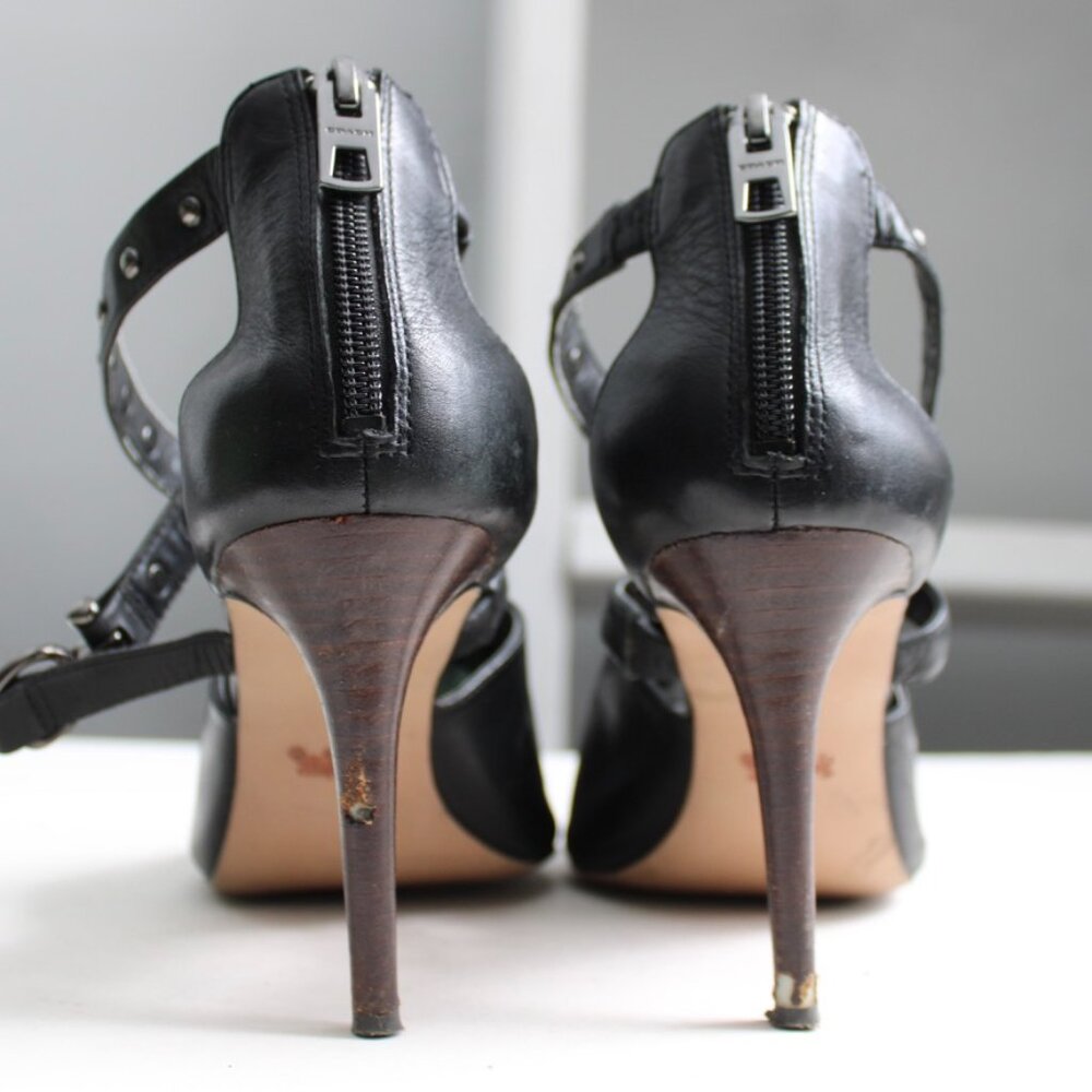 Coach Black Rhonda Open-Toe Leather Studded Straps Stacked Heels Pumps Size 9 - Picture 7 of 10